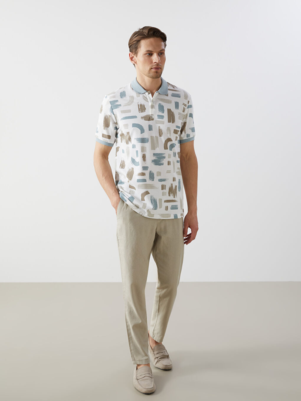 LCW Vision Green Polo Neck Short Sleeve Patterned Pique Men T-Shirt