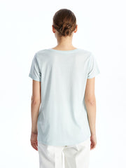 LCWAIKIKI Classic Gray Crew Neck Embroidered Women T-Shirt