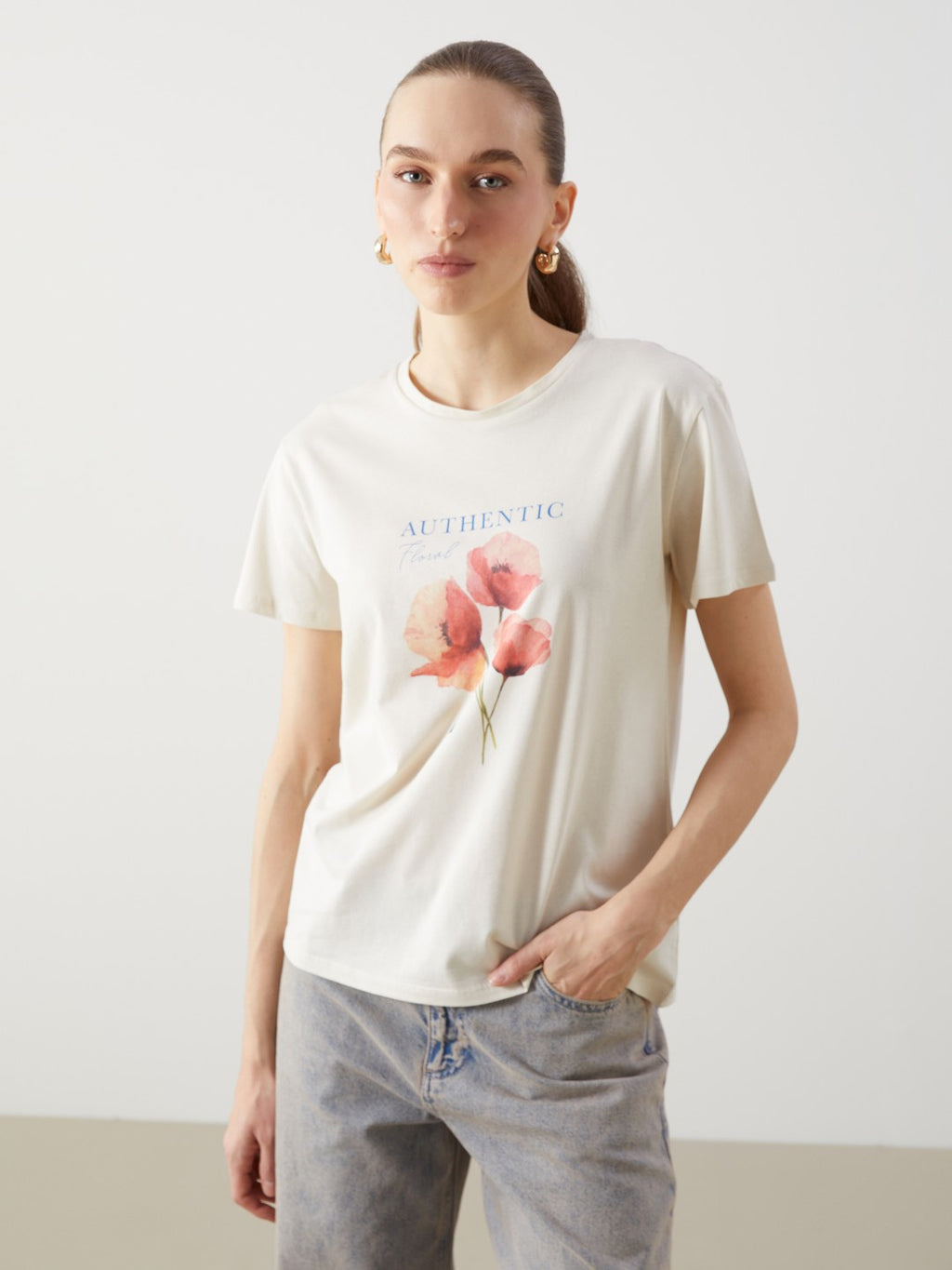 LCW Classic Crew Neck Floral Jersey Women T-Shirt