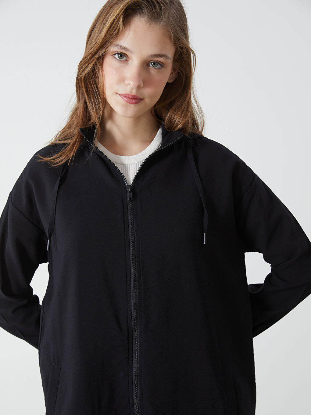 LCW Modest Ecru Hooded Plain Oversize Women Tunic