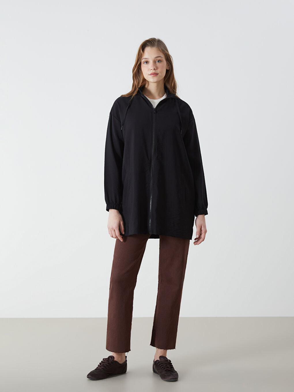 LCW Modest Ecru Hooded Plain Oversize Women Tunic