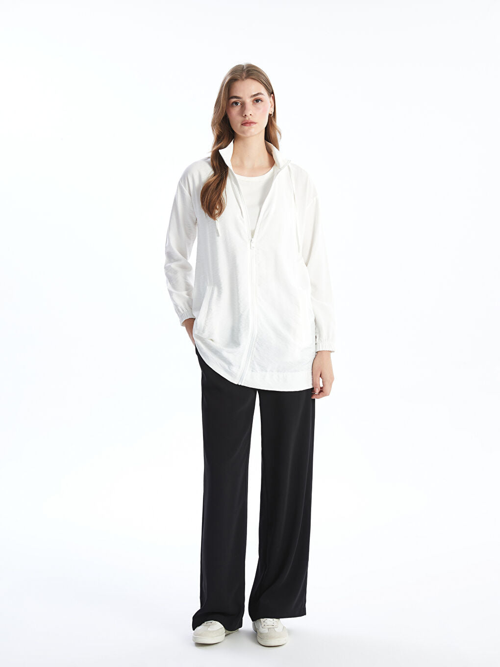 LCW Modest Ecru Hooded Plain Oversize Women Tunic