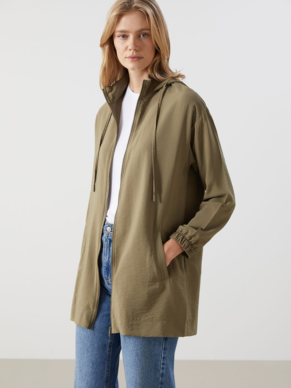 LCW Modest Ecru Hooded Plain Oversize Women Tunic