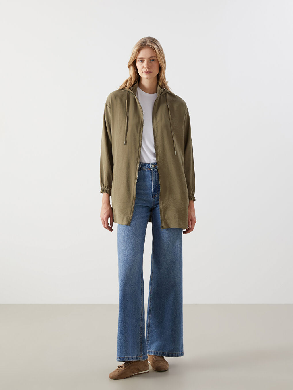 LCW Modest Ecru Hooded Plain Oversize Women Tunic