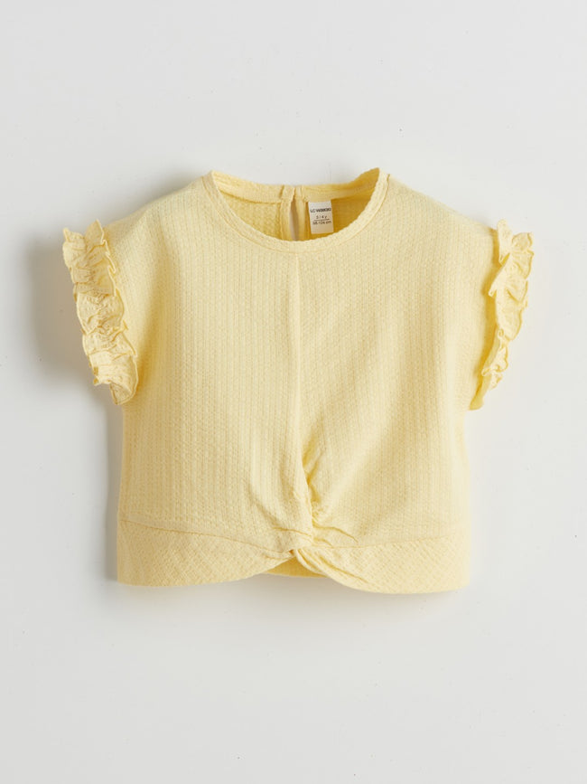 LCW Kids Crew Neck Combed Cotton Ruffled Girls T-Shirt Hover Image