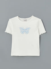 LCW Kids Ecru Crew Neck Stoned Girls T-Shirt