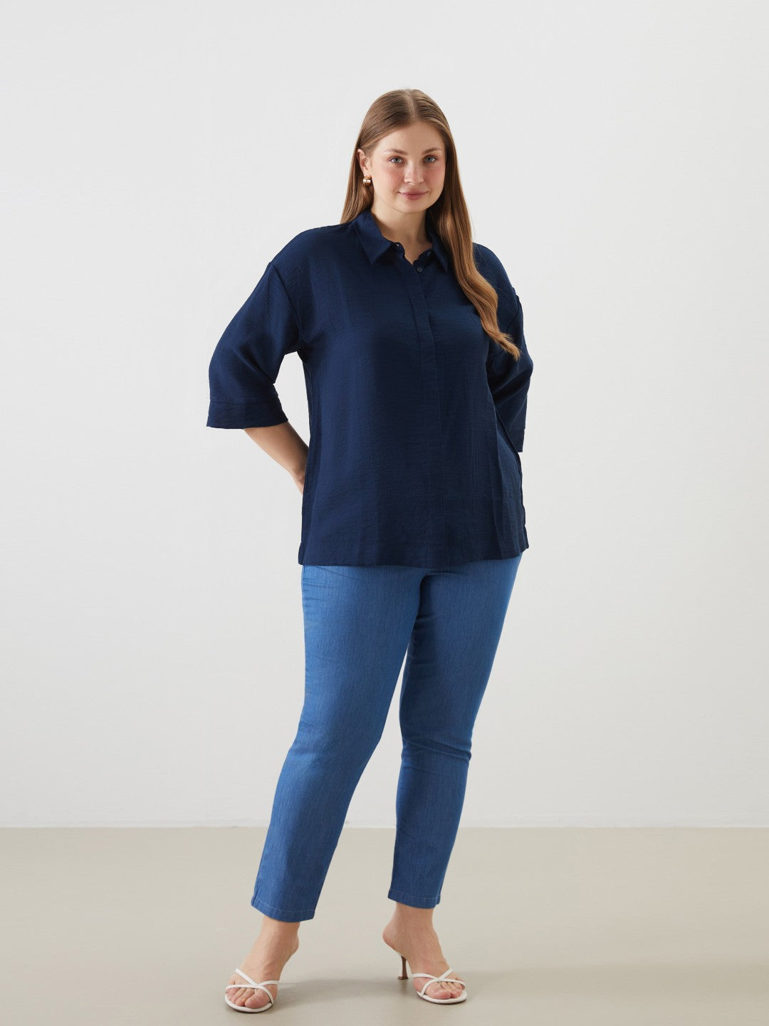 LCW Classic Blue Oversize Dobby Women Shirt