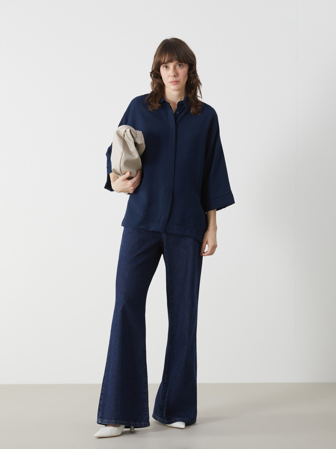LCW Classic Blue Oversize Dobby Women Shirt