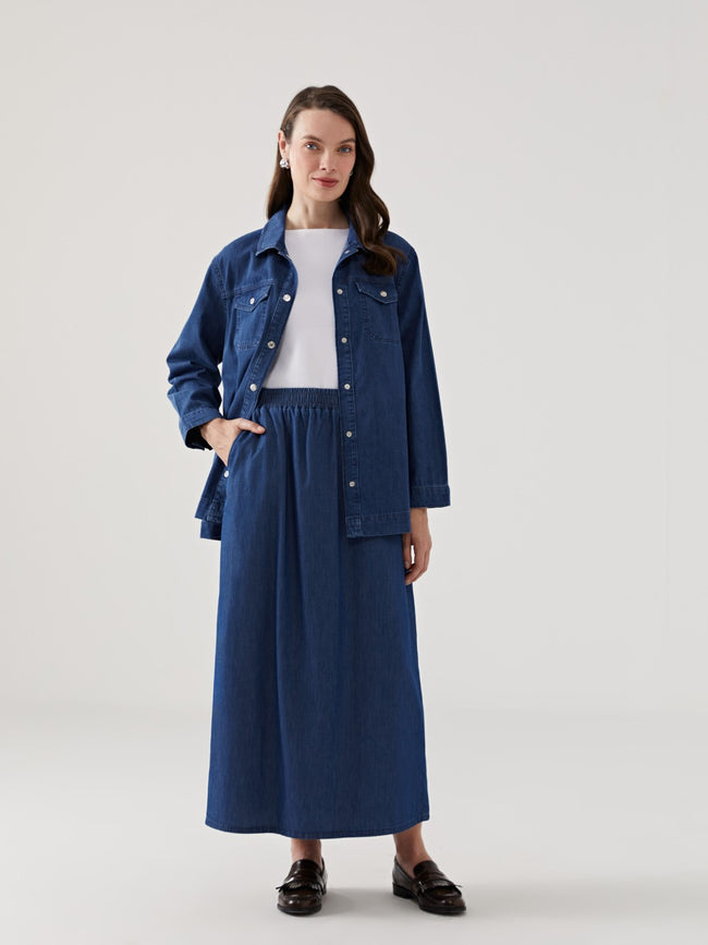 LCW Grace Elastic Waist Women Jean Skirt Hover Image