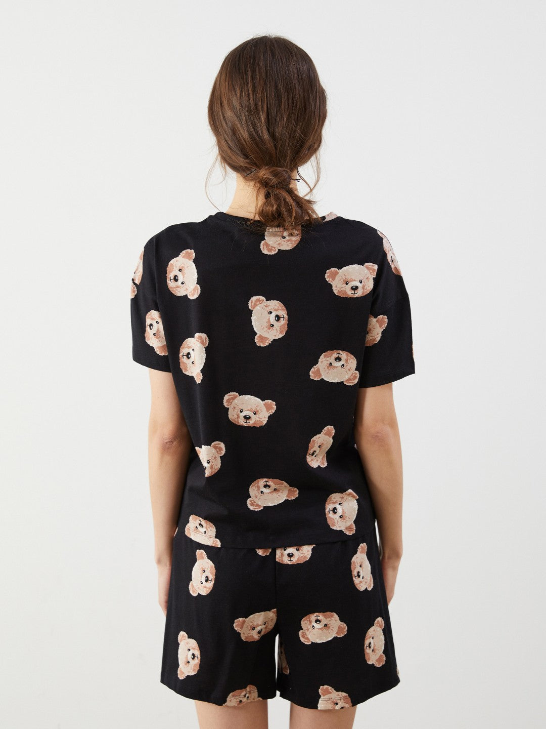 LCW Young Crew Neck Bear Printed Women Pajama Set With Shorts