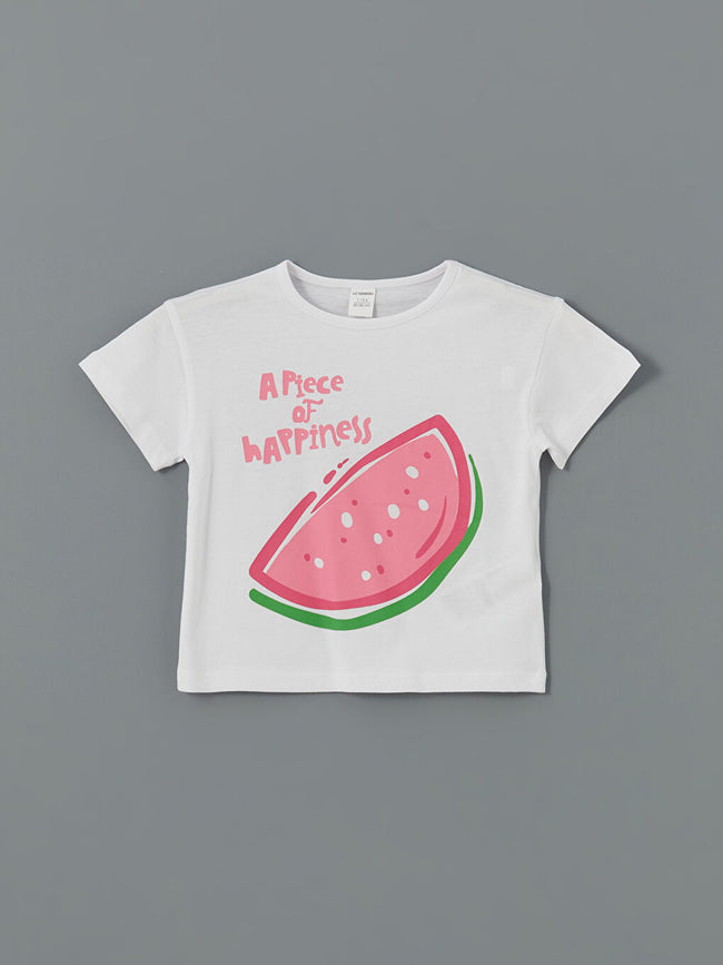 LCW Kids White Crew Neck Printed Girls T-Shirt Hover Image