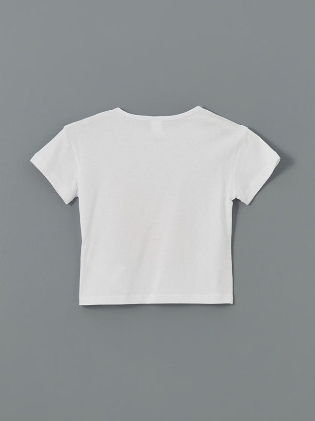 LCW Kids White Crew Neck Printed Girls T-Shirt Main Image