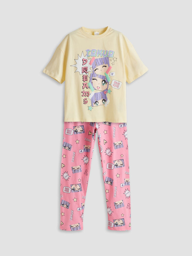 LCW Kids Crew Neck Anime Printed Girls Pajama Set Hover Image