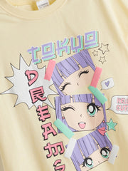 LCW Kids Crew Neck Anime Printed Girls Pajama Set