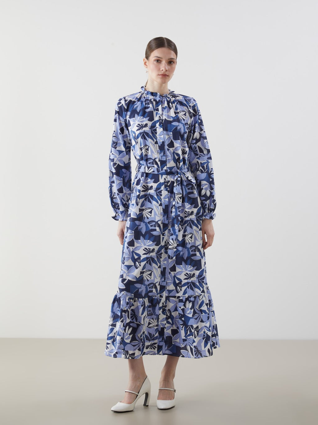 LCW Modest Ruffle Stand Collar Floral Women Shirt Dress