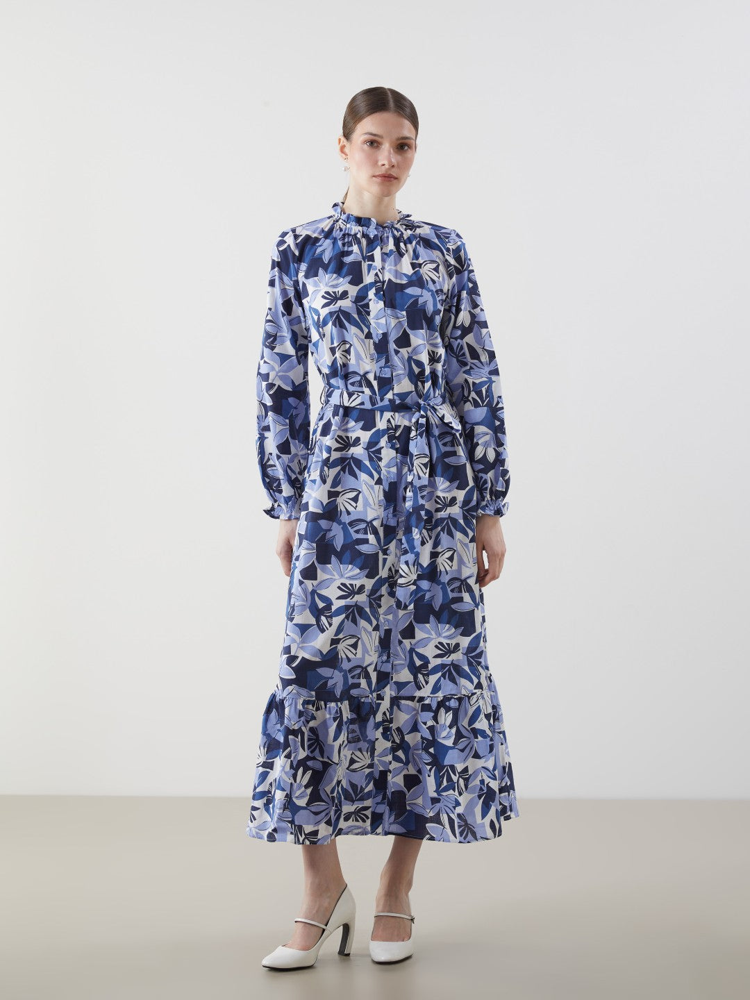 LCW Modest Ruffle Stand Collar Floral Women Shirt Dress