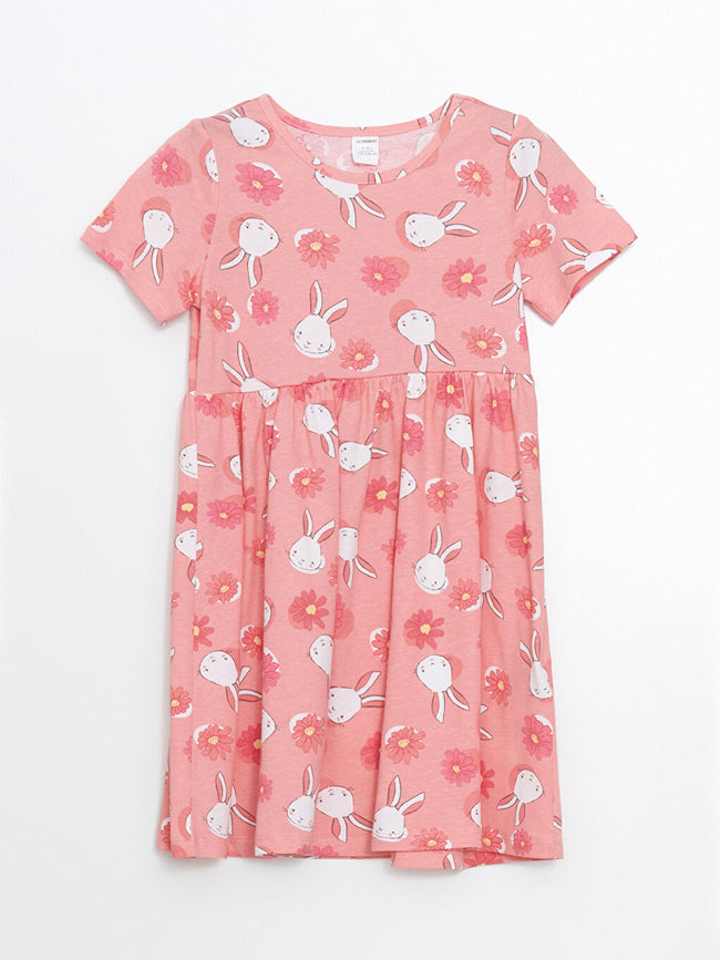 LCW Kids Pink Crew Neck Printed Girls' Cotton Dress Hover Image