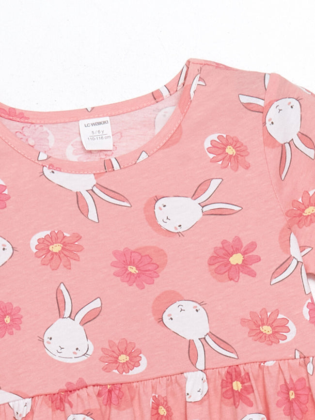 LCW Kids Pink Crew Neck Printed Girls' Cotton Dress Main Image