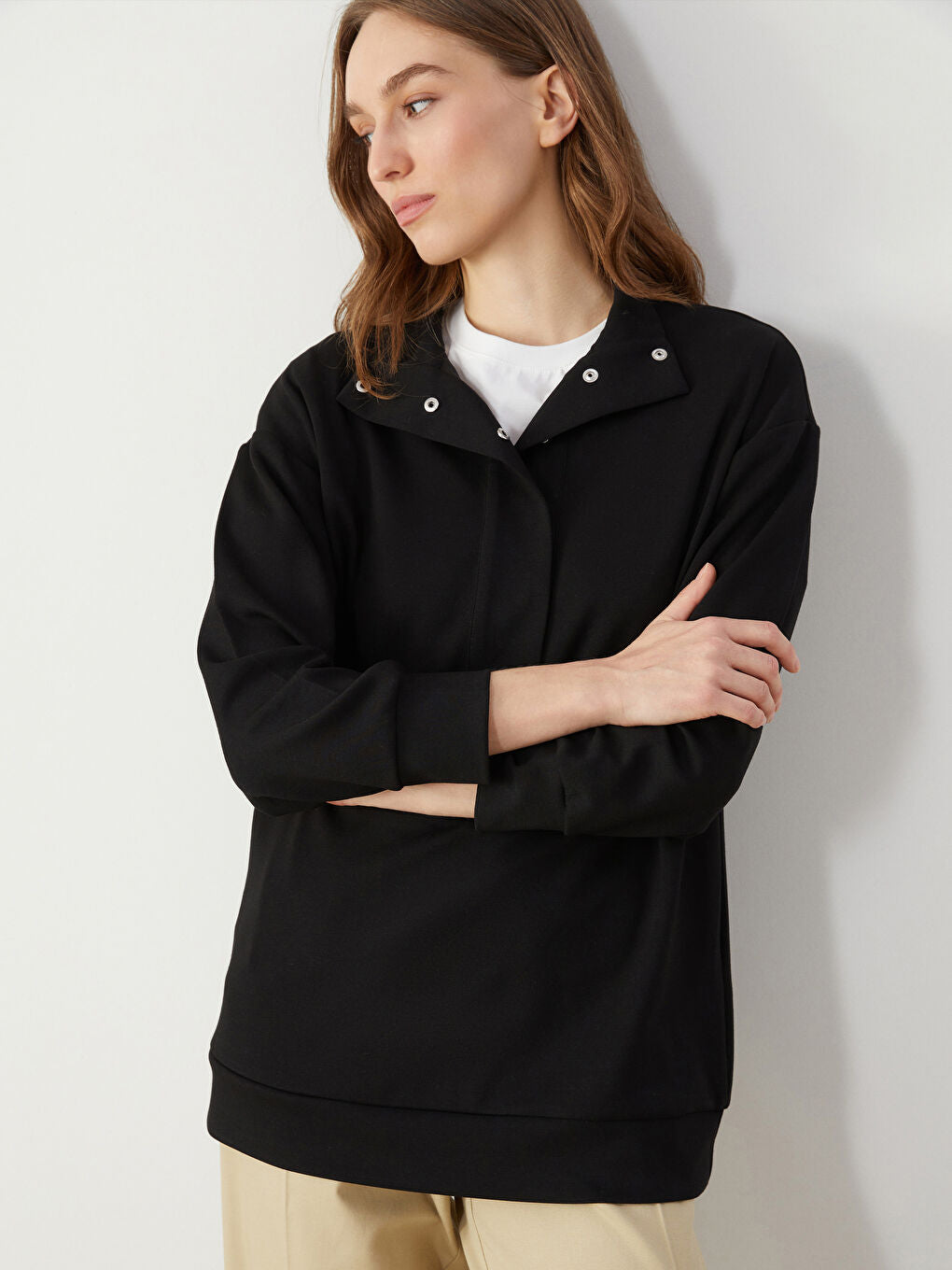 LCW Modest Beige Stand Collar Plain Oversize Women Sweatshirt Tunic
