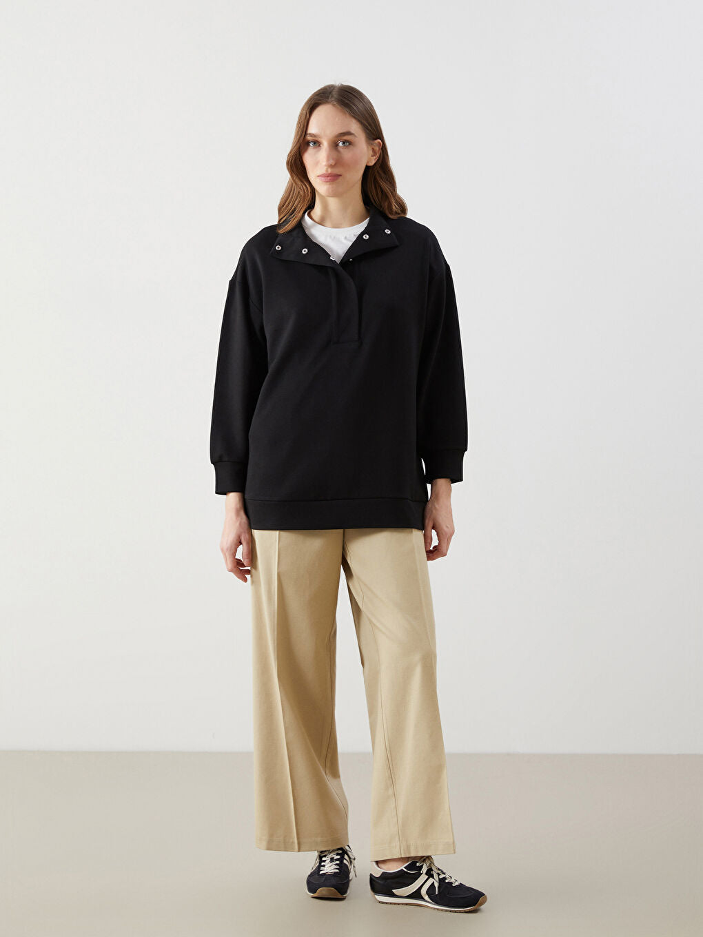 LCW Modest Beige Stand Collar Plain Oversize Women Sweatshirt Tunic