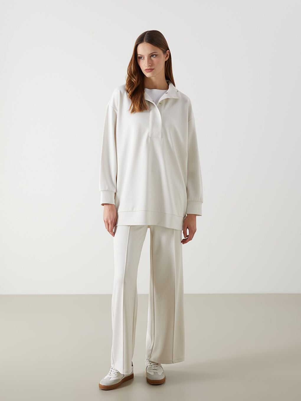 LCW Modest Beige Stand Collar Plain Oversize Women Sweatshirt Tunic