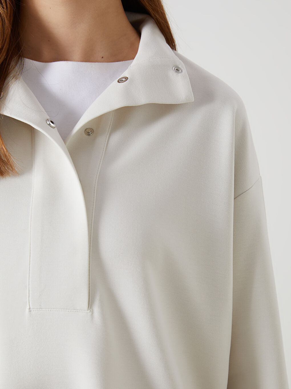 LCW Modest Beige Stand Collar Plain Oversize Women Sweatshirt Tunic