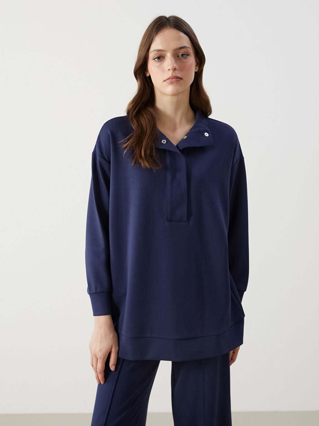LCW Modest Beige Stand Collar Plain Oversize Women Sweatshirt Tunic