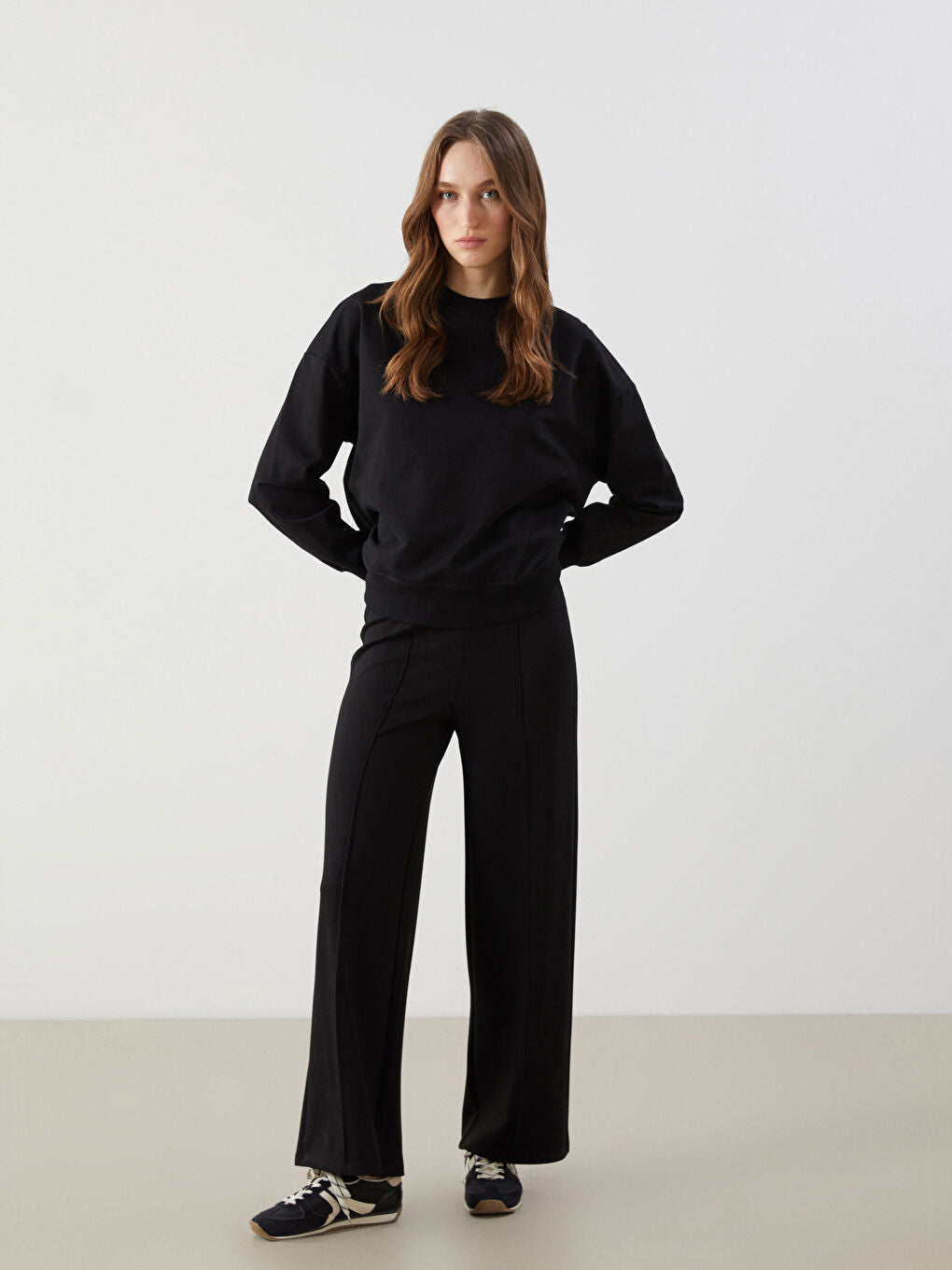 LCW Modest Beige Elastic Waist Wide Leg Women Sweatpants