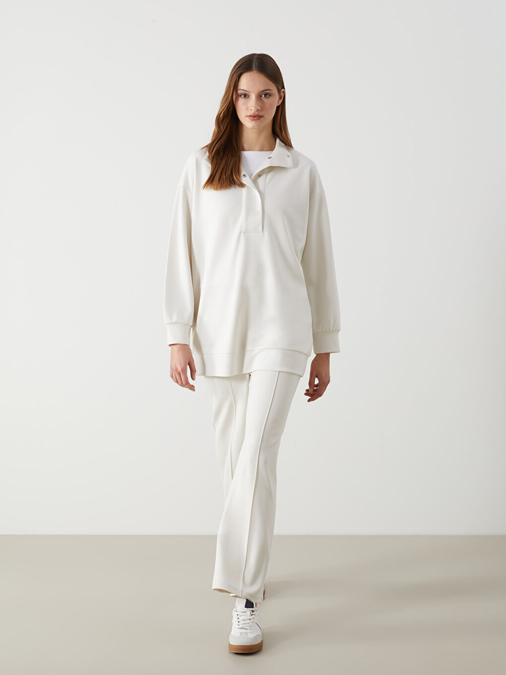 LCW Modest Beige Elastic Waist Wide Leg Women Sweatpants