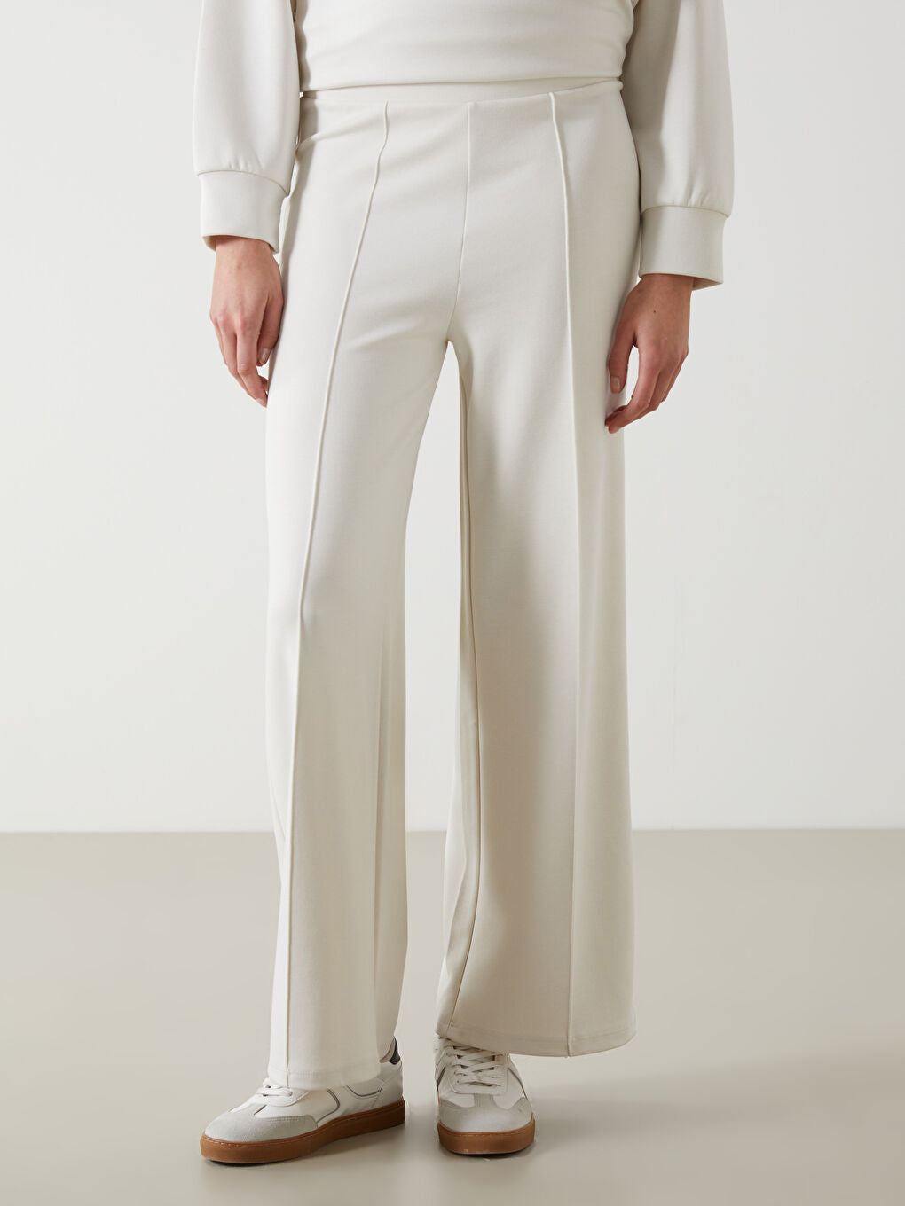 LCW Modest Beige Elastic Waist Wide Leg Women Sweatpants