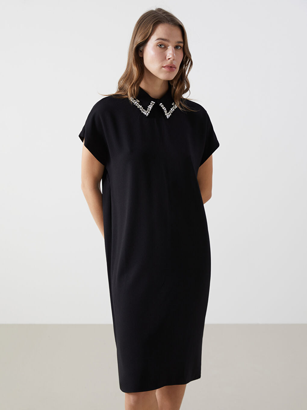 LCWAIKIKI Maternity Black Shirt Collar Stone Women Dress