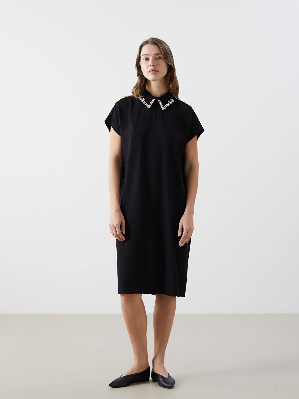 LCWAIKIKI Maternity Black Shirt Collar Stone Women Dress