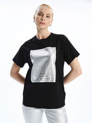 LCW Vision Black Crew Neck Printed Women T-Shirt