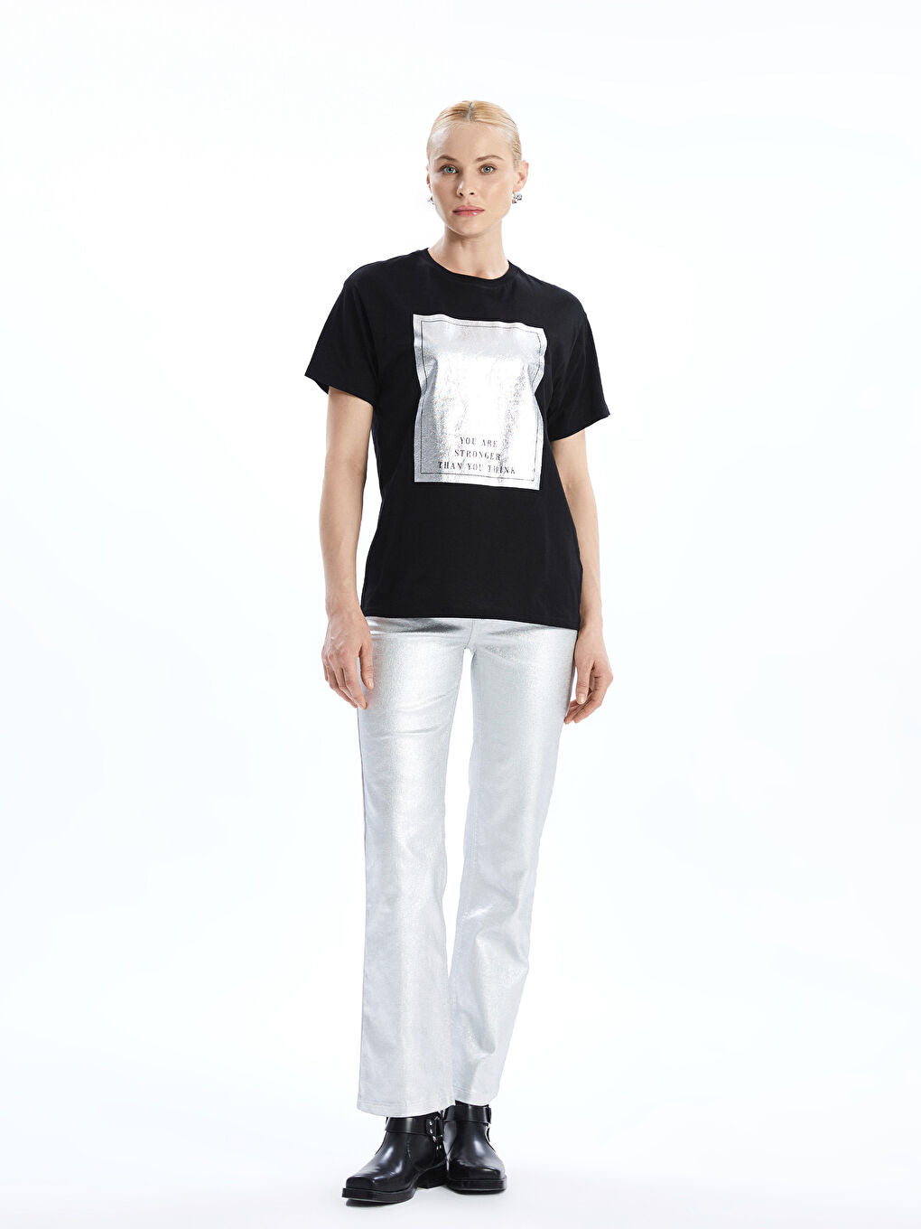 LCW Vision Black Crew Neck Printed Women T-Shirt