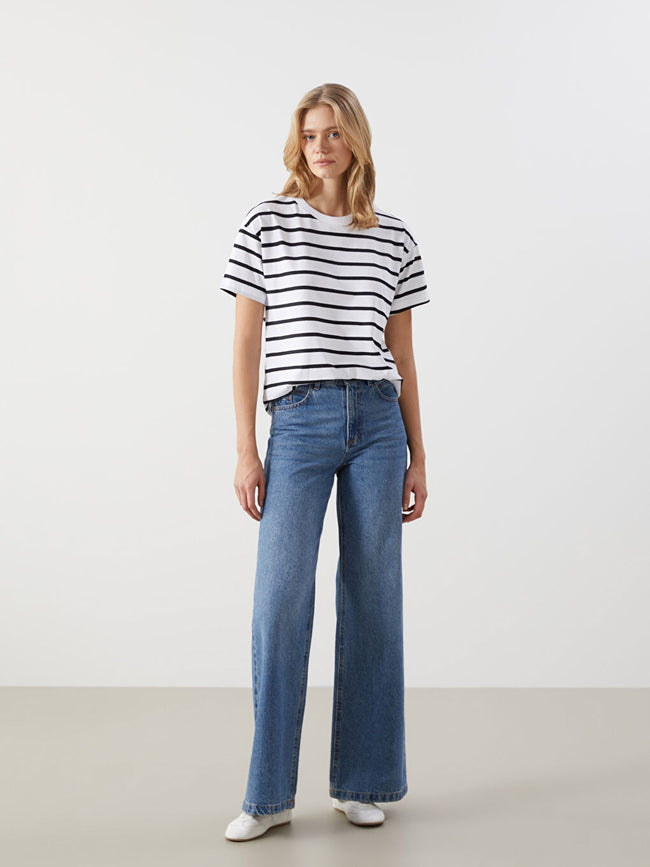 LCW Comfort Black Crew Neck Striped Women T-Shirt Main Image