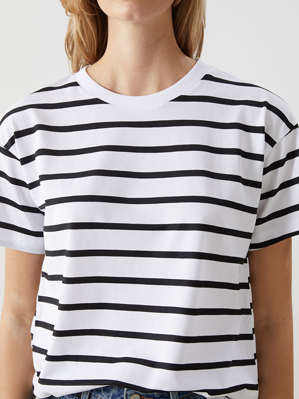 LCW Comfort Black Crew Neck Striped Women T-Shirt