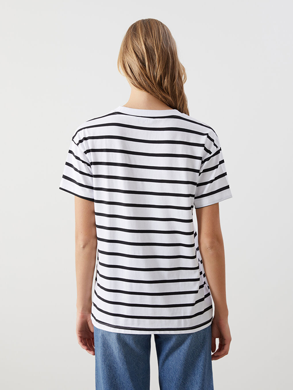 LCW Comfort Black Crew Neck Striped Women T-Shirt