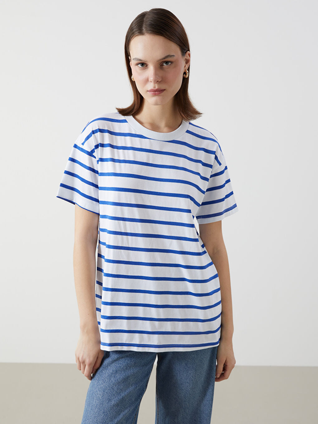 LCW Comfort Black Crew Neck Striped Women T-Shirt