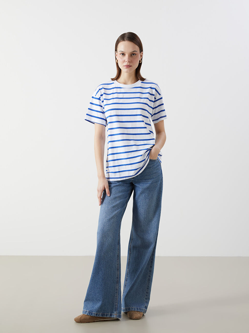 LCW Comfort Black Crew Neck Striped Women T-Shirt