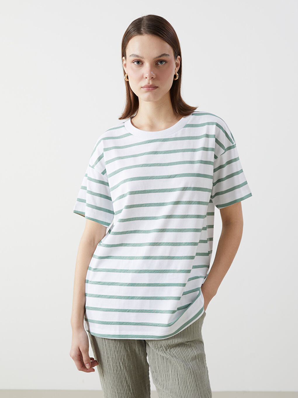 LCW Comfort Black Crew Neck Striped Women T-Shirt