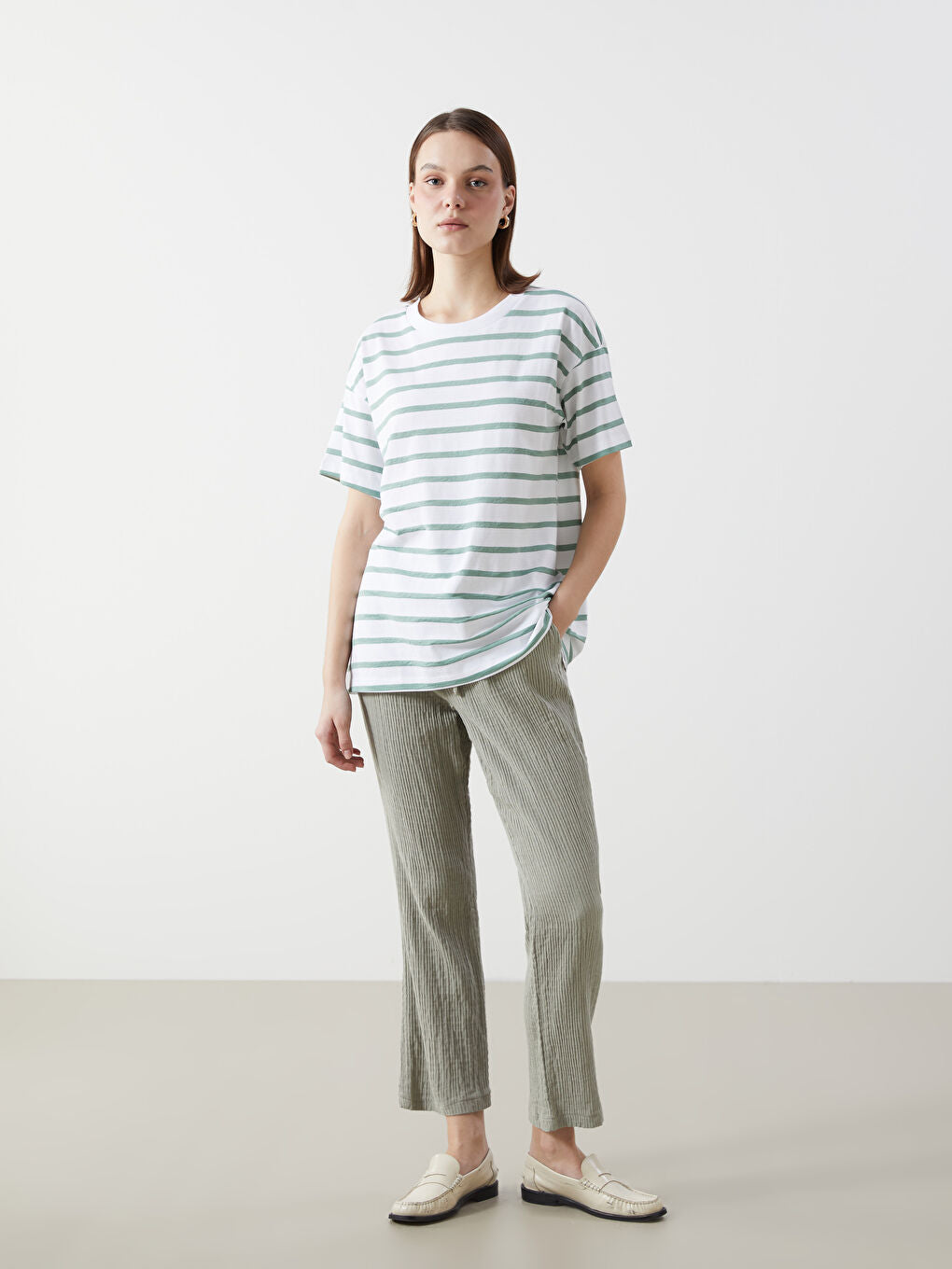 LCW Comfort Black Crew Neck Striped Women T-Shirt