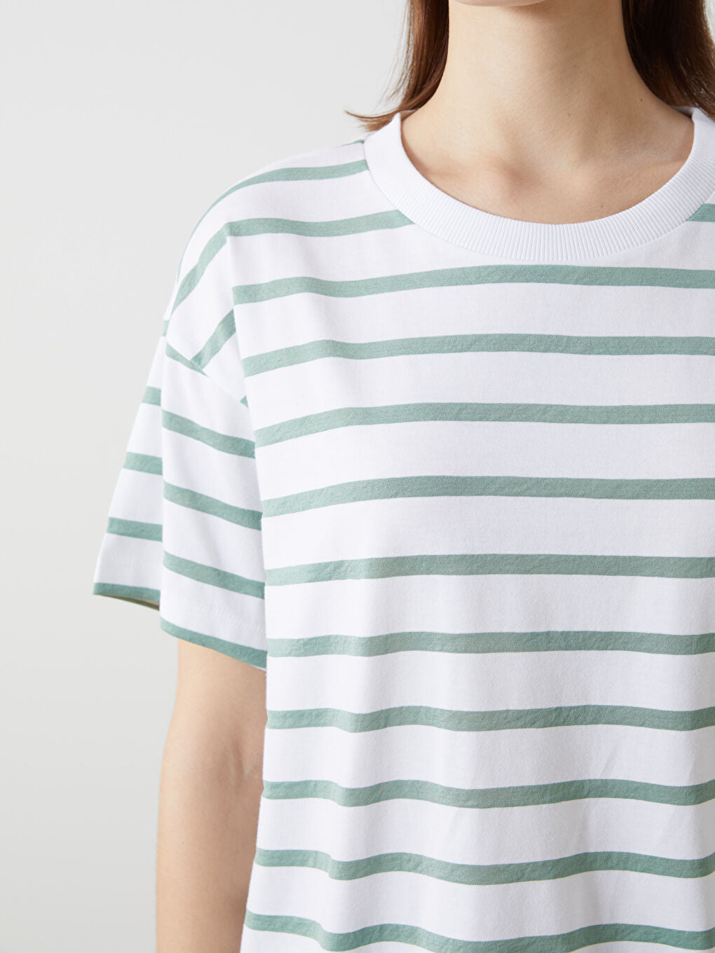 LCW Comfort Black Crew Neck Striped Women T-Shirt