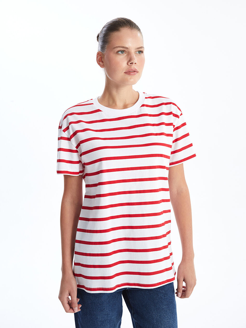 LCW Comfort Black Crew Neck Striped Women T-Shirt