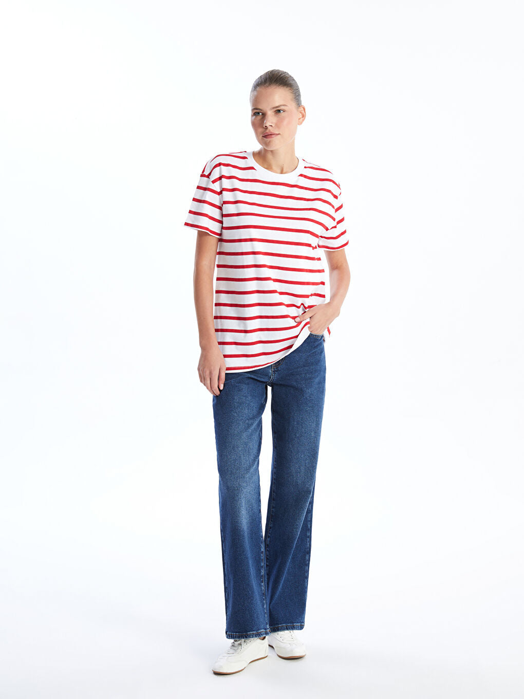 LCW Comfort Black Crew Neck Striped Women T-Shirt