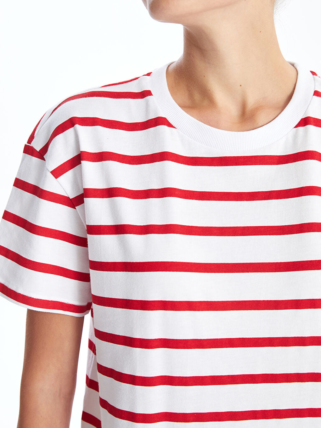 LCW Comfort Black Crew Neck Striped Women T-Shirt