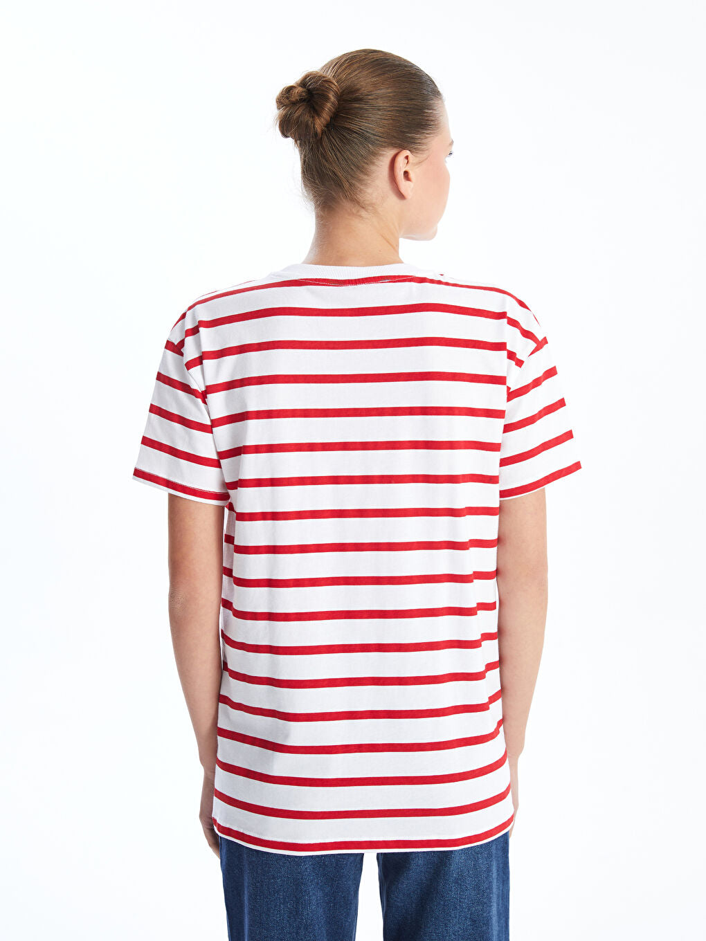 LCW Comfort Black Crew Neck Striped Women T-Shirt