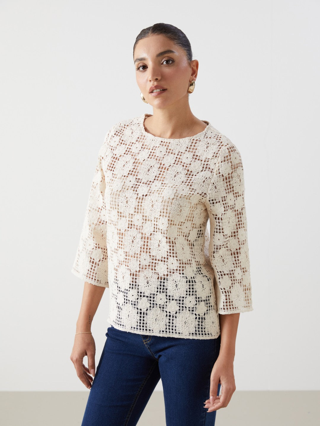 LCW Classic Crew Neck Lace Women Blouse