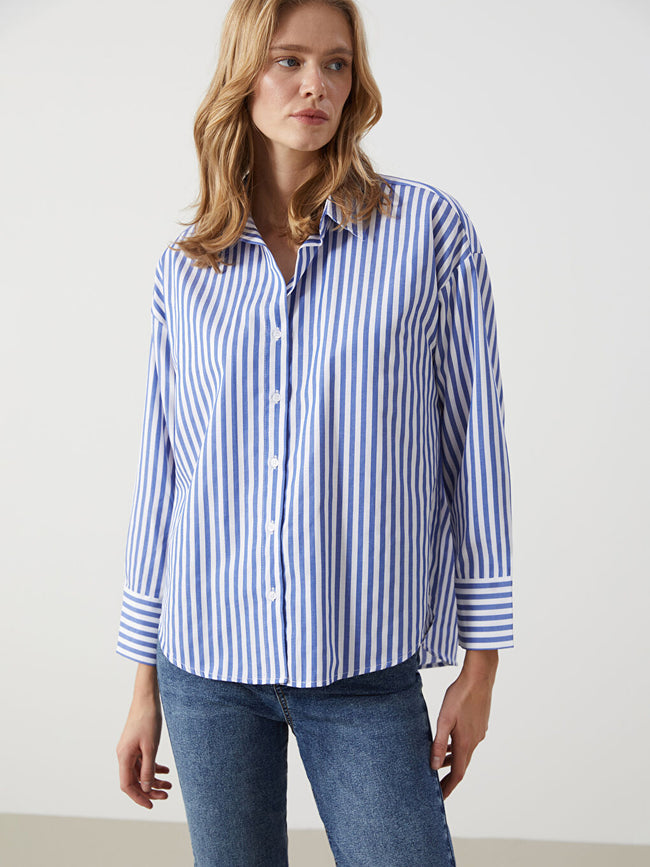 LCW Vision Blue Striped Oversize Women Shirt Hover Image