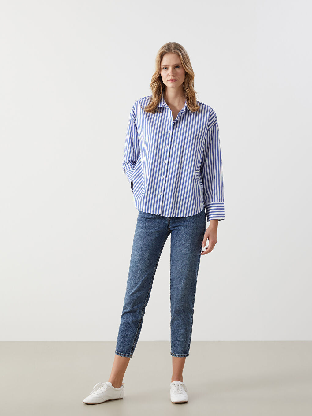 LCW Vision Blue Striped Oversize Women Shirt