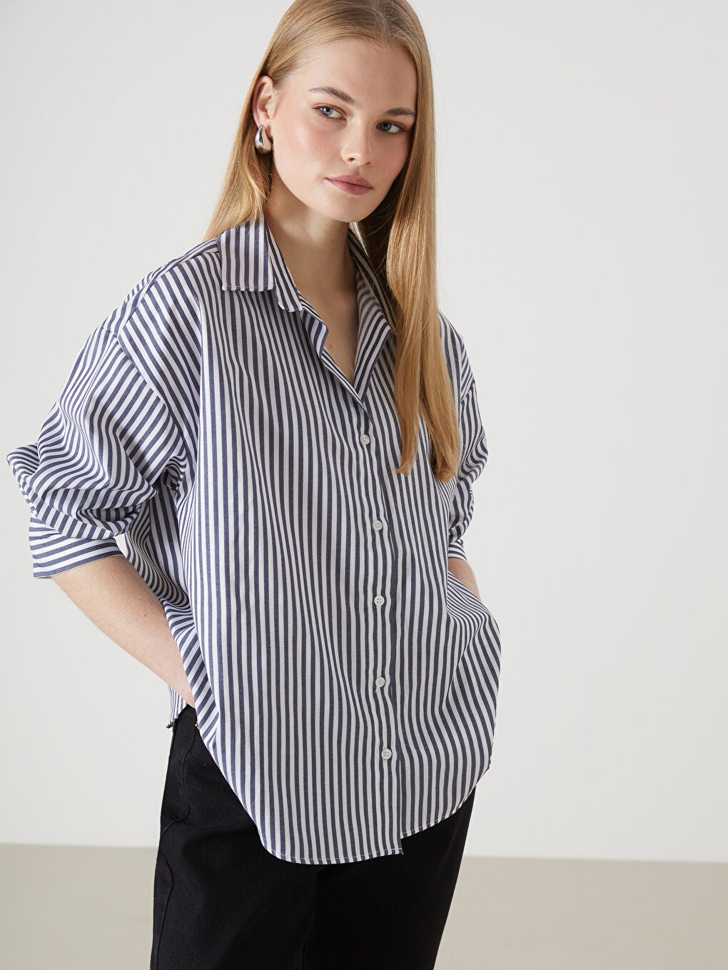 LCW Vision Blue Striped Oversize Women Shirt